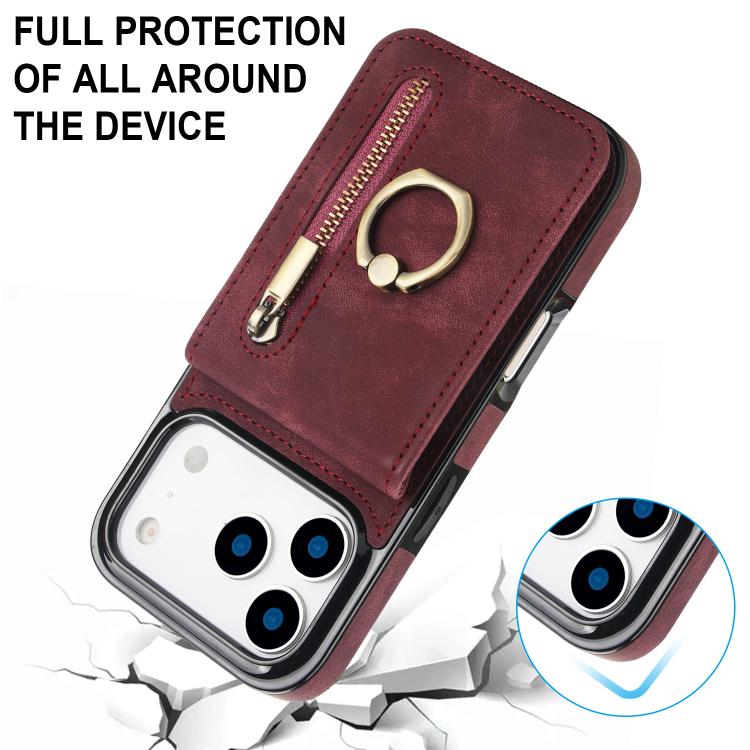 For iPhone 17 Pro Retro Ring and Zipper RFID Card Slot Phone Case