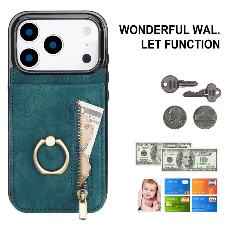 For iPhone 17 Pro Retro Ring and Zipper RFID Card Slot Phone Case