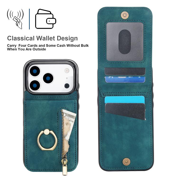For iPhone 17 Pro Retro Ring and Zipper RFID Card Slot Phone Case