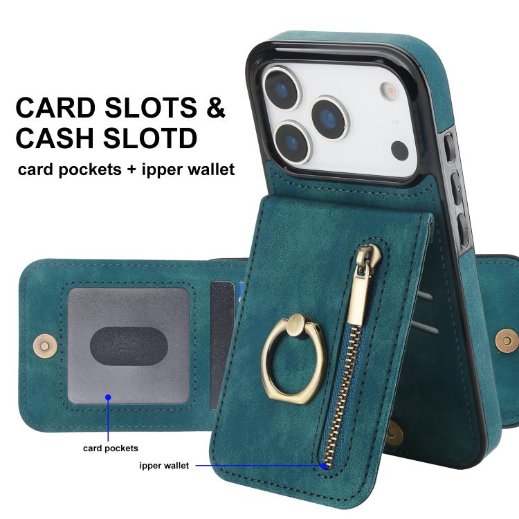 For iPhone 17 Pro Retro Ring and Zipper RFID Card Slot Phone Case