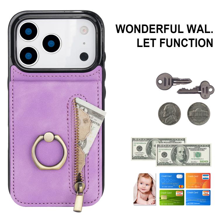 For iPhone 17 Pro Retro Ring and Zipper RFID Card Slot Phone Case