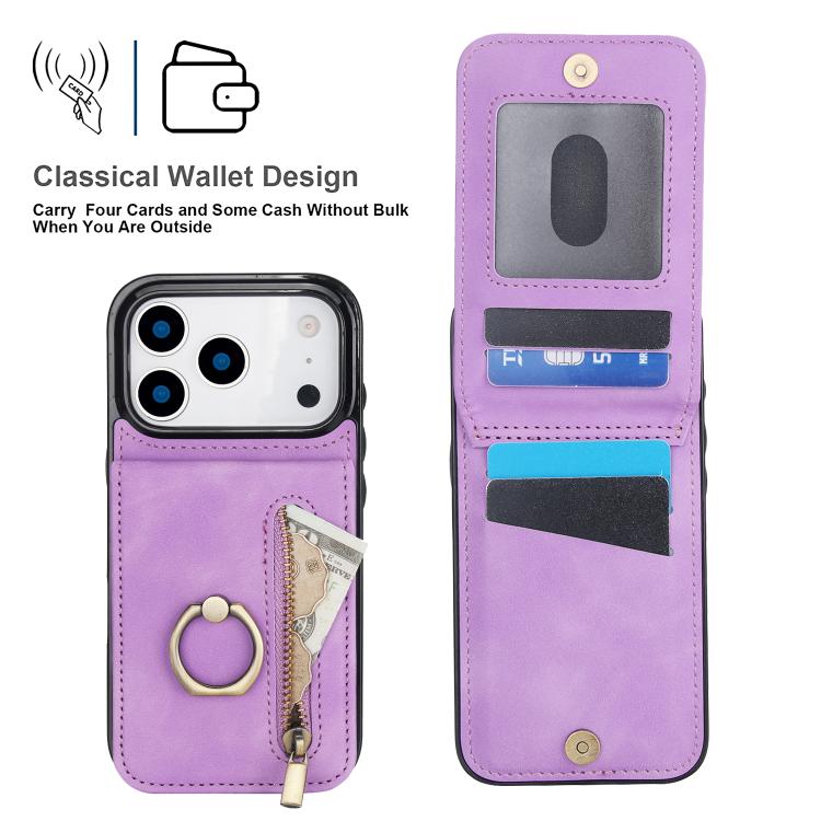 For iPhone 17 Pro Retro Ring and Zipper RFID Card Slot Phone Case