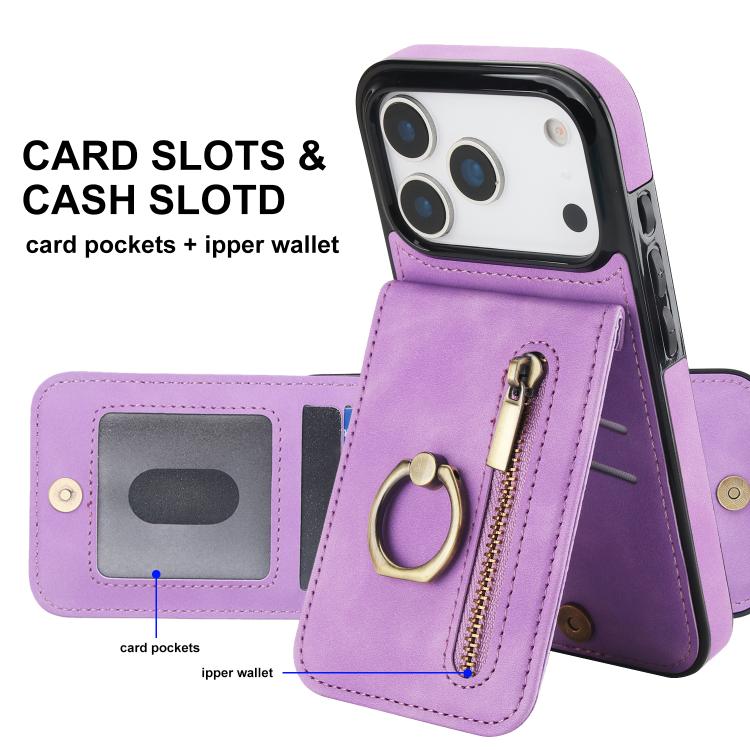 For iPhone 17 Pro Retro Ring and Zipper RFID Card Slot Phone Case