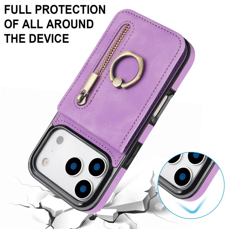 For iPhone 17 Pro Retro Ring and Zipper RFID Card Slot Phone Case