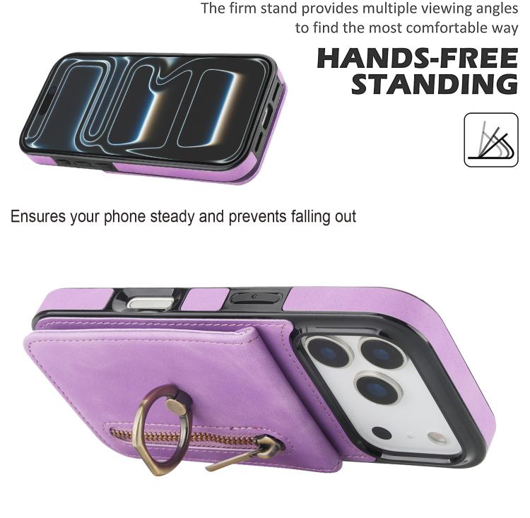 For iPhone 17 Pro Retro Ring and Zipper RFID Card Slot Phone Case