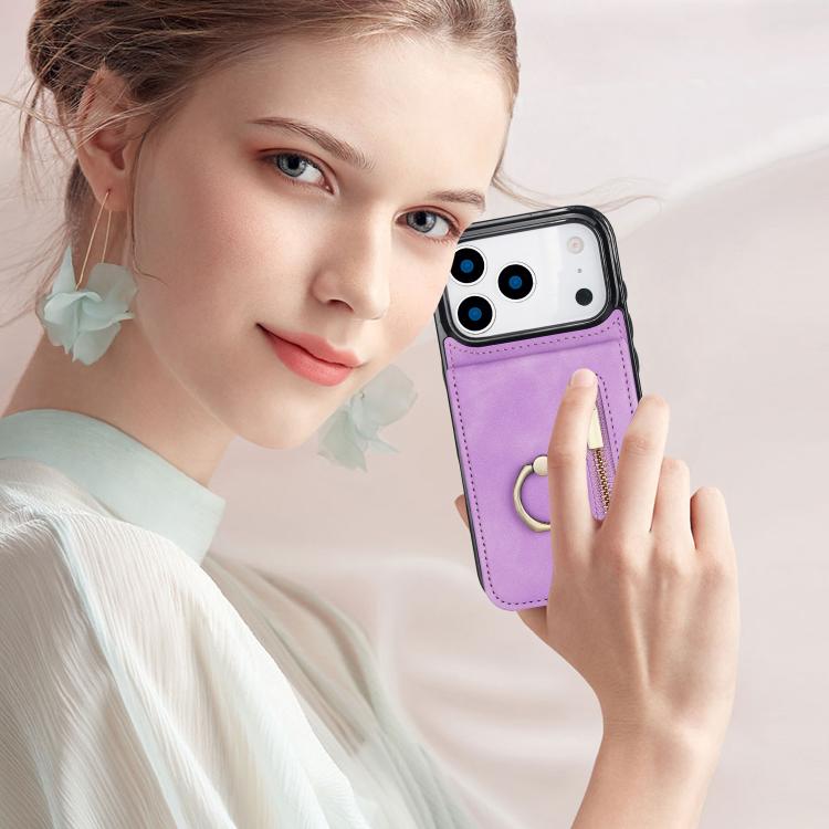 For iPhone 17 Pro Retro Ring and Zipper RFID Card Slot Phone Case