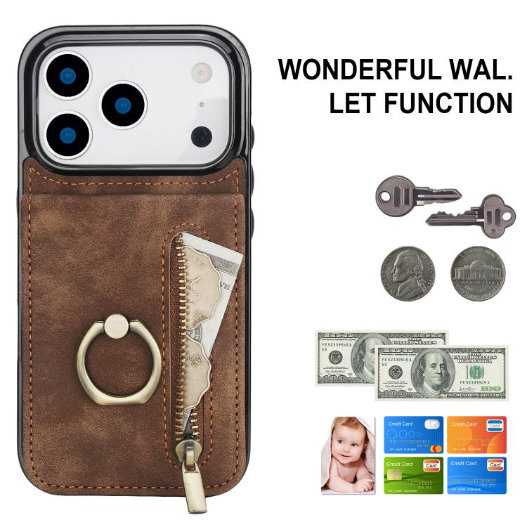 For iPhone 17 Pro Retro Ring and Zipper RFID Card Slot Phone Case