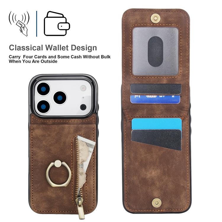 For iPhone 17 Pro Retro Ring and Zipper RFID Card Slot Phone Case