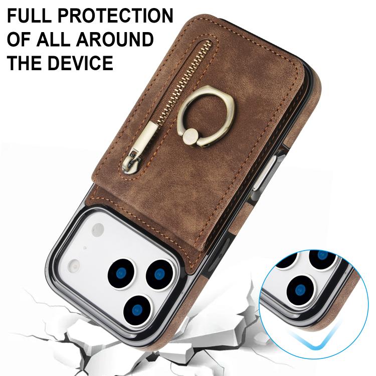 For iPhone 17 Pro Retro Ring and Zipper RFID Card Slot Phone Case