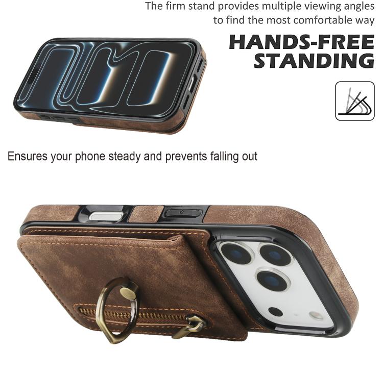 For iPhone 17 Pro Retro Ring and Zipper RFID Card Slot Phone Case