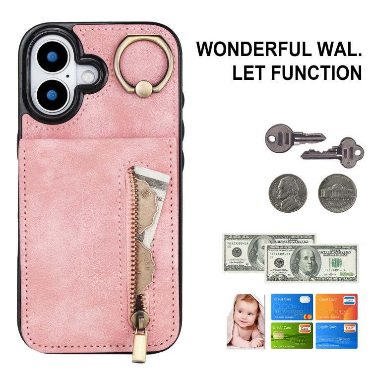 For iPhone 17 Retro Ring and Zipper RFID Card Slot Phone Case