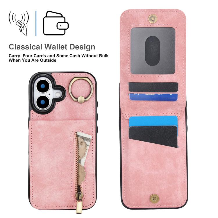 For iPhone 17 Retro Ring and Zipper RFID Card Slot Phone Case