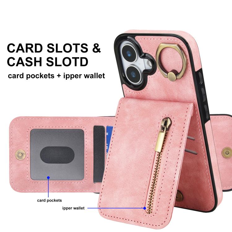 For iPhone 17 Retro Ring and Zipper RFID Card Slot Phone Case