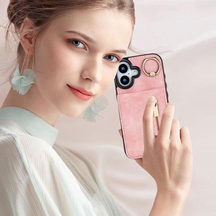 For iPhone 17 Retro Ring and Zipper RFID Card Slot Phone Case