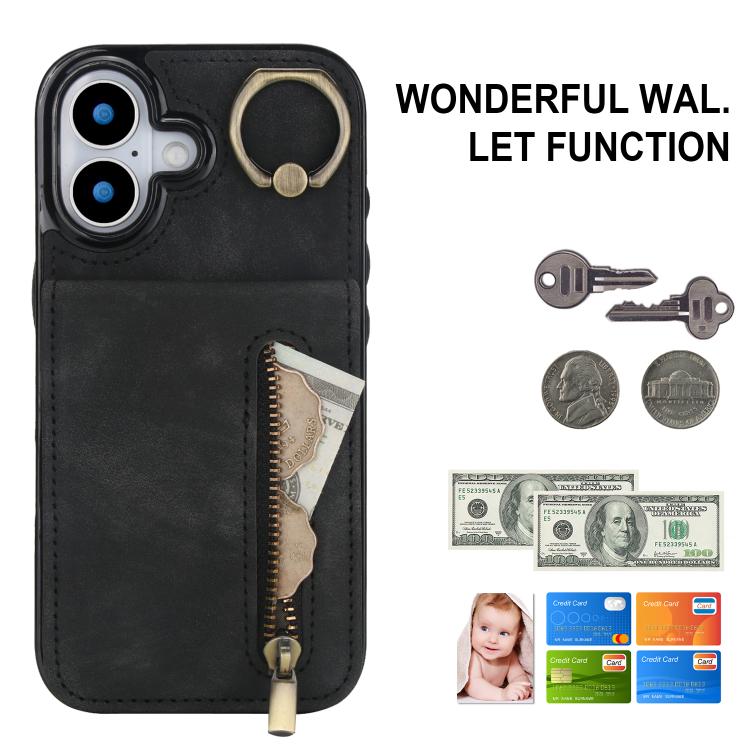 For iPhone 17 Retro Ring and Zipper RFID Card Slot Phone Case