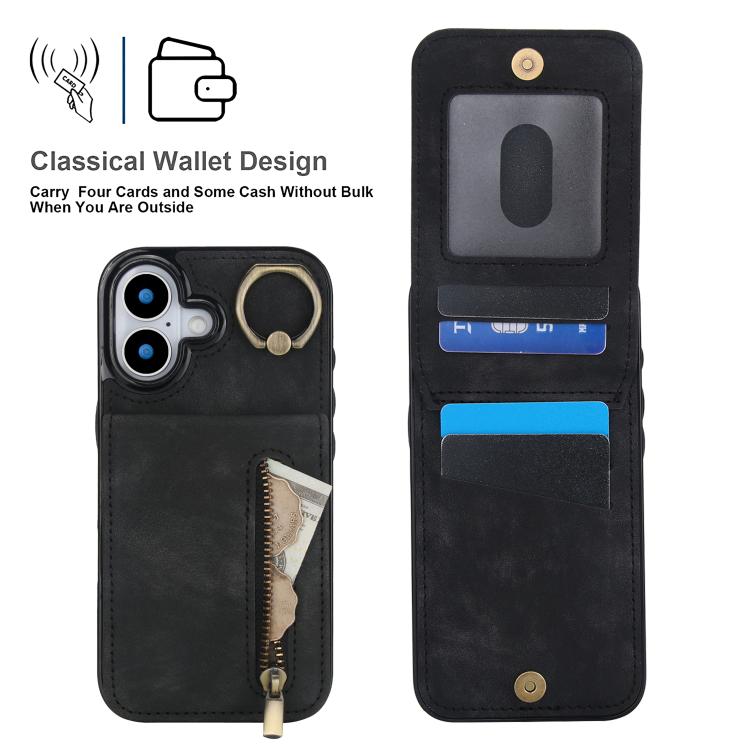 For iPhone 17 Retro Ring and Zipper RFID Card Slot Phone Case