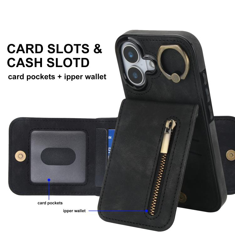 For iPhone 17 Retro Ring and Zipper RFID Card Slot Phone Case