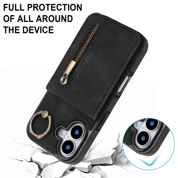 For iPhone 17 Retro Ring and Zipper RFID Card Slot Phone Case