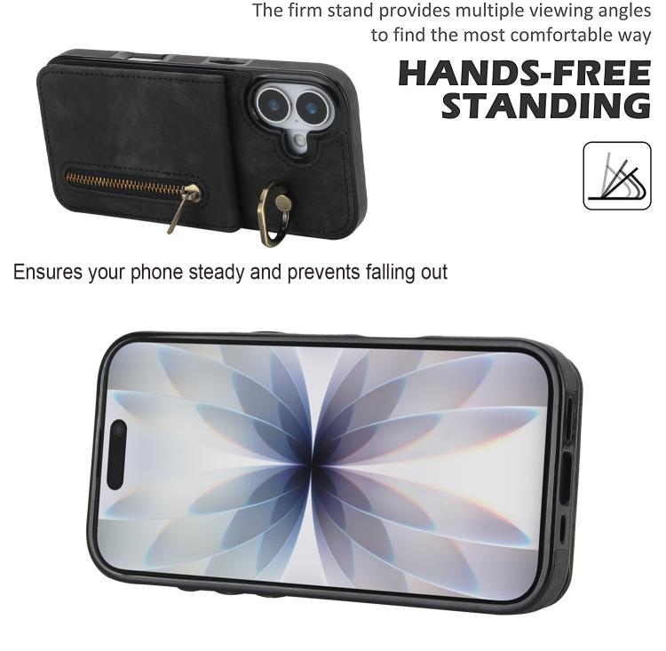 For iPhone 17 Retro Ring and Zipper RFID Card Slot Phone Case