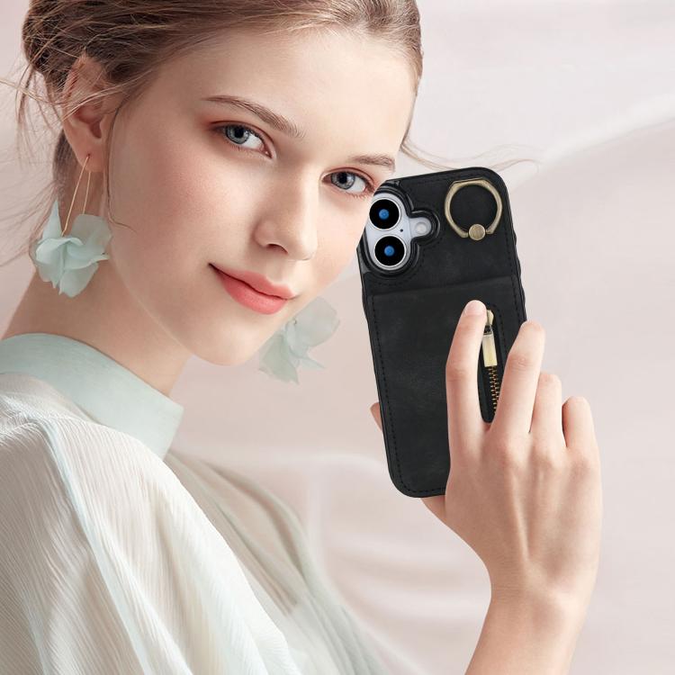 For iPhone 17 Retro Ring and Zipper RFID Card Slot Phone Case