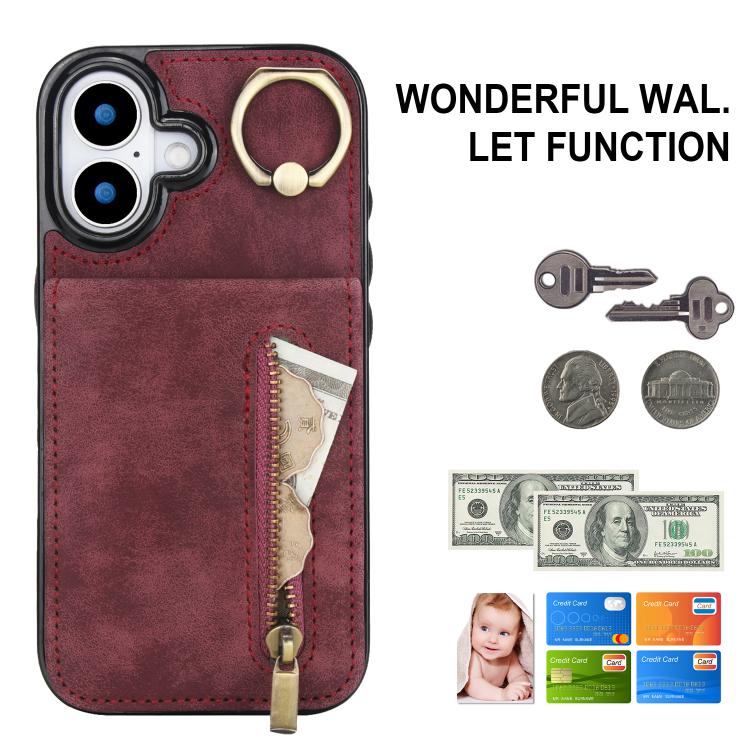 For iPhone 17 Retro Ring and Zipper RFID Card Slot Phone Case