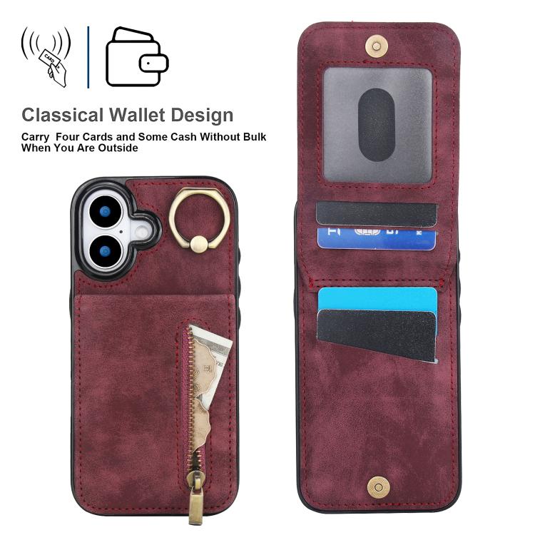 For iPhone 17 Retro Ring and Zipper RFID Card Slot Phone Case