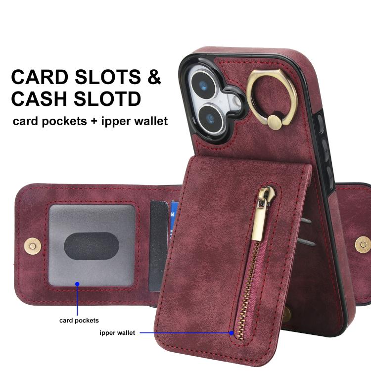For iPhone 17 Retro Ring and Zipper RFID Card Slot Phone Case