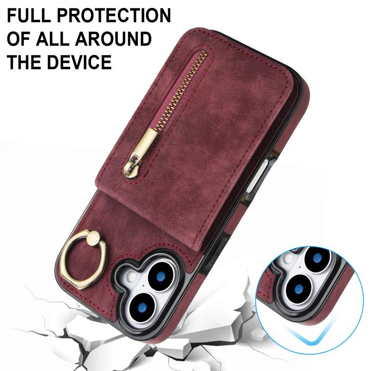 For iPhone 17 Retro Ring and Zipper RFID Card Slot Phone Case