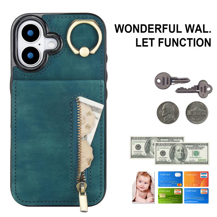 For iPhone 17 Retro Ring and Zipper RFID Card Slot Phone Case