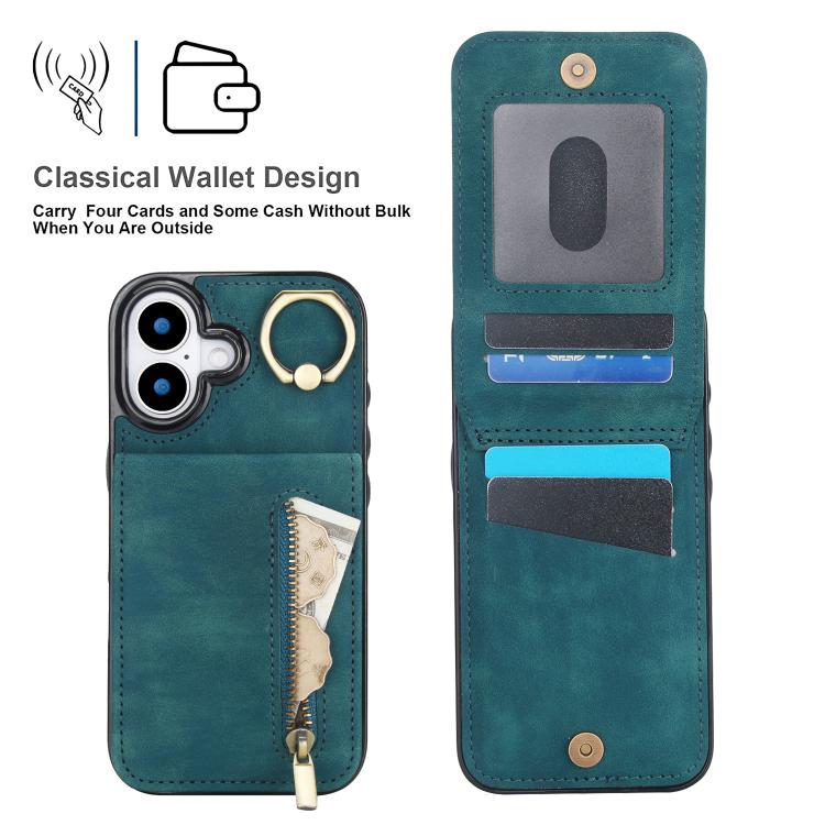 For iPhone 17 Retro Ring and Zipper RFID Card Slot Phone Case