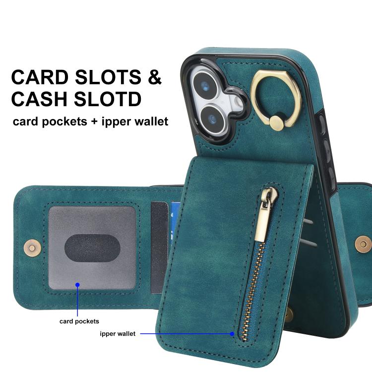 For iPhone 17 Retro Ring and Zipper RFID Card Slot Phone Case