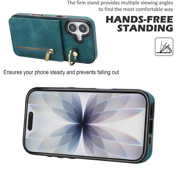 For iPhone 17 Retro Ring and Zipper RFID Card Slot Phone Case
