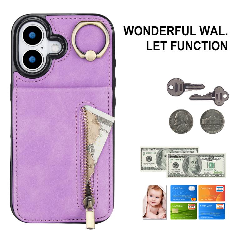 For iPhone 17 Retro Ring and Zipper RFID Card Slot Phone Case