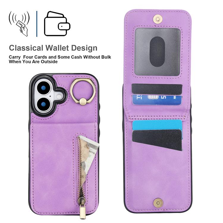 For iPhone 17 Retro Ring and Zipper RFID Card Slot Phone Case