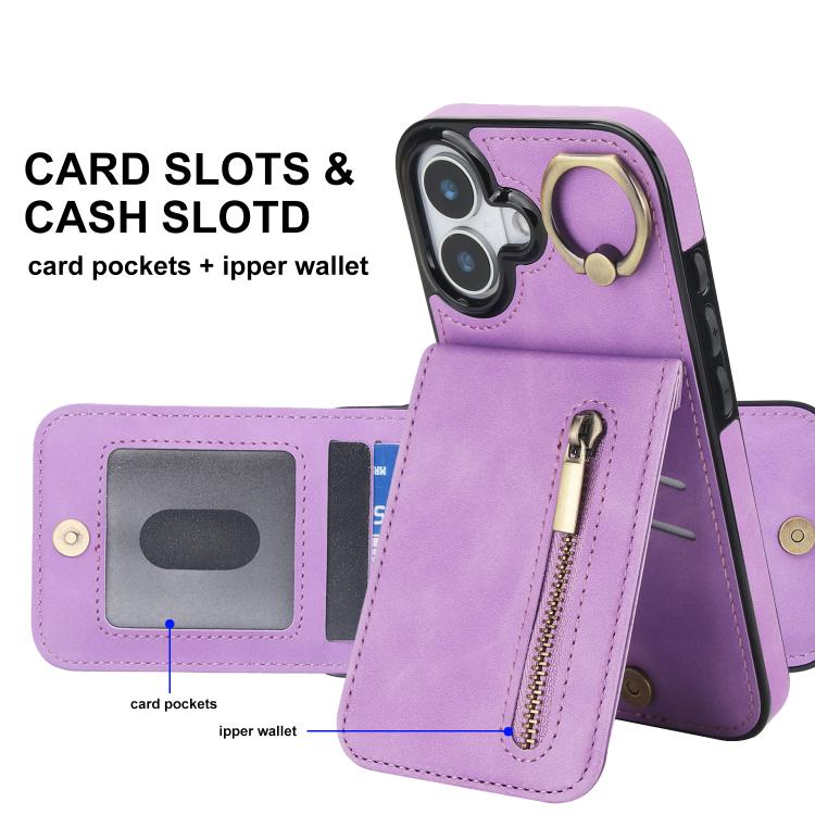For iPhone 17 Retro Ring and Zipper RFID Card Slot Phone Case