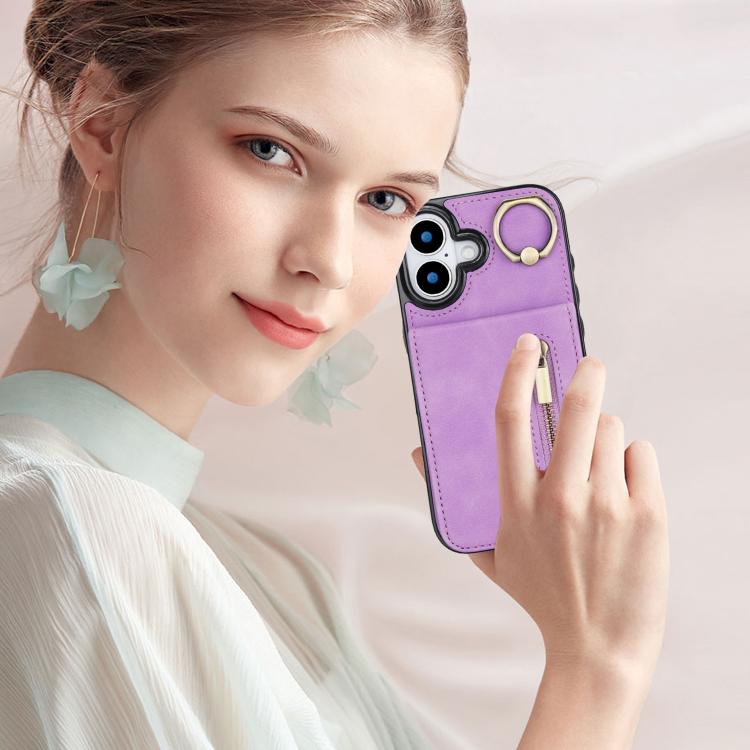 For iPhone 17 Retro Ring and Zipper RFID Card Slot Phone Case