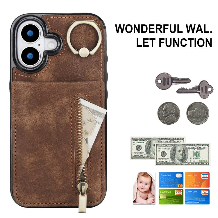 For iPhone 17 Retro Ring and Zipper RFID Card Slot Phone Case