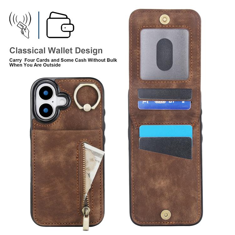 For iPhone 17 Retro Ring and Zipper RFID Card Slot Phone Case