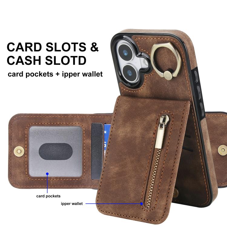 For iPhone 17 Retro Ring and Zipper RFID Card Slot Phone Case