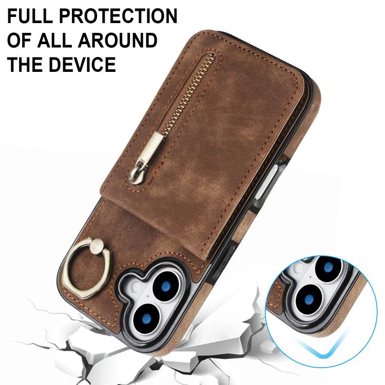 For iPhone 17 Retro Ring and Zipper RFID Card Slot Phone Case