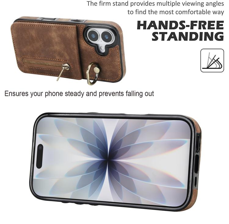 For iPhone 17 Retro Ring and Zipper RFID Card Slot Phone Case