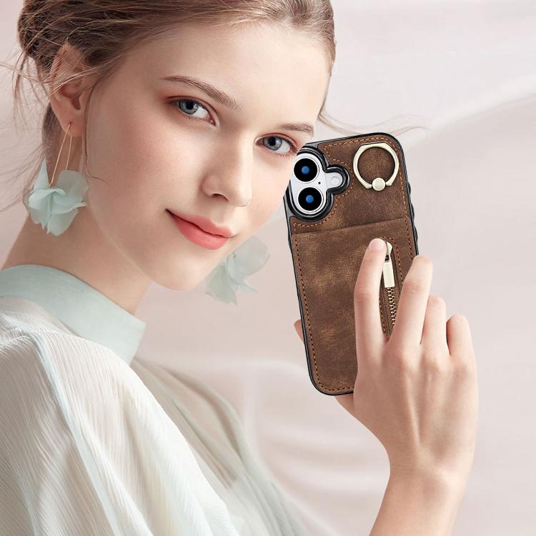 For iPhone 17 Retro Ring and Zipper RFID Card Slot Phone Case