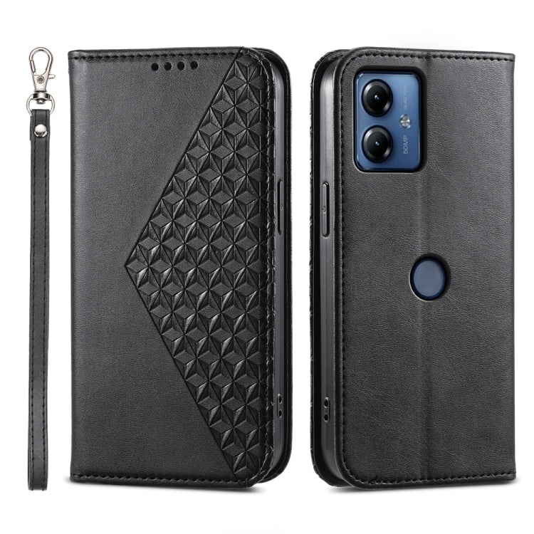 For Motorola Moto G14 Cubic Grid Calf Texture Magnetic Leather Phone Case