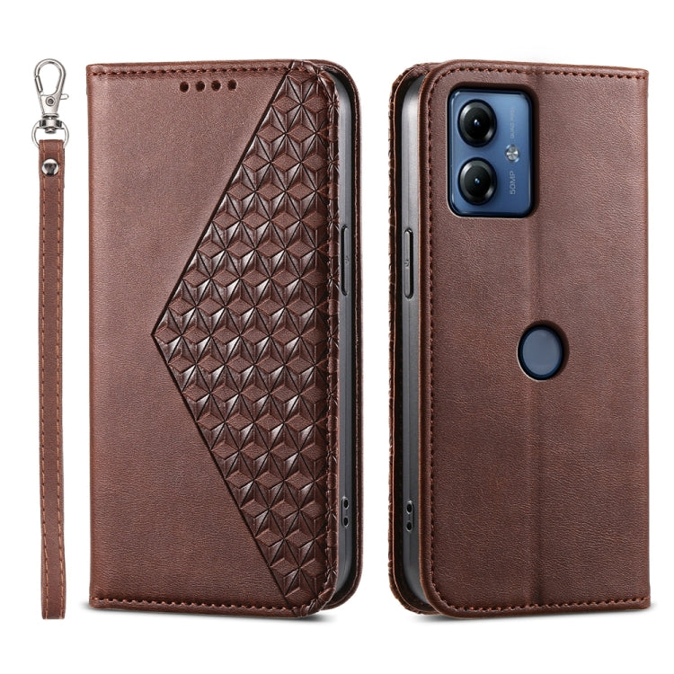 For Motorola Moto G14 Cubic Grid Calf Texture Magnetic Leather Phone Case