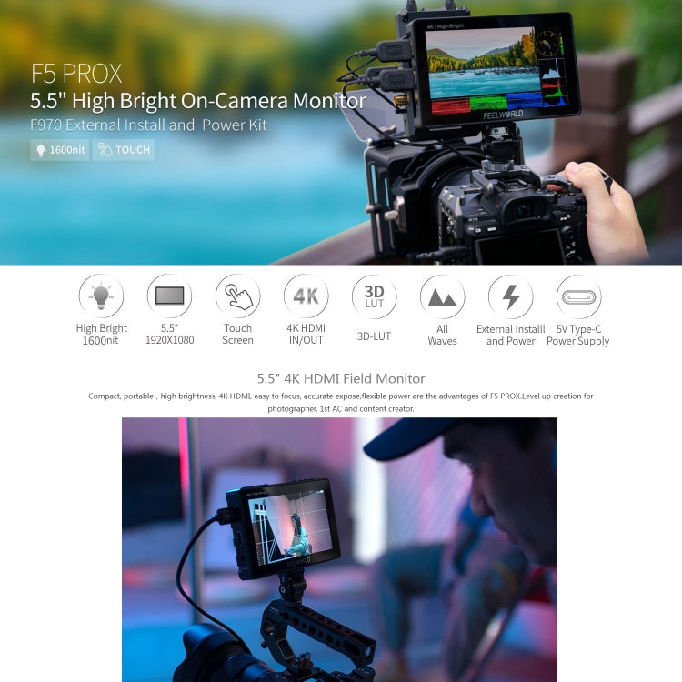 FEELWORLD F5 ProX 5.5 inch 1600nit High Bright Touch Screen DSLR Camera Field Monitor 4K HDMI F970 Install and Power Kit(Black)