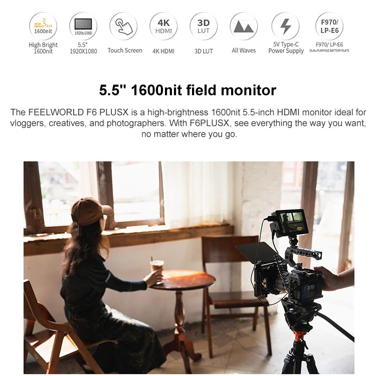 FEELWORLD F6 PLUSX 5.5 inch High Bright 1600nit Touch Screen DSLR Camera Field Monitor IPS FHD1920x1080 4K HDMI(Black)