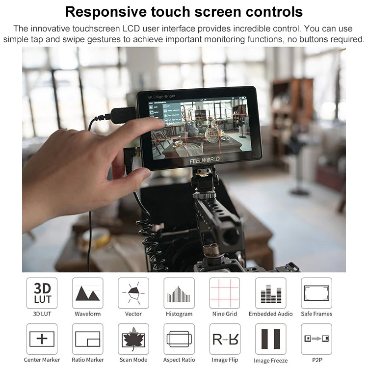 FEELWORLD F6 PLUSX 5.5 inch High Bright 1600nit Touch Screen DSLR Camera Field Monitor IPS FHD1920x1080 4K HDMI(Black)