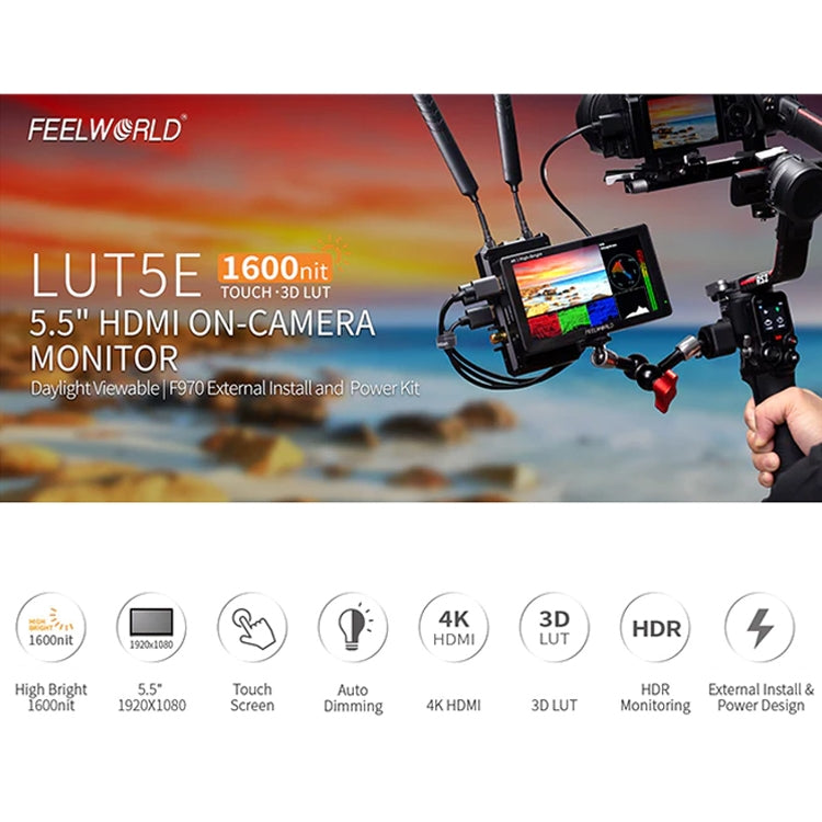 FEELWORLD LUT5E 5.5 inch High Bright 1600nit Touch Screen DSLR Camera Field Monitor F970 External Power and Install Kit 4K HDMI 1920X1080 IPS Panel(Black)