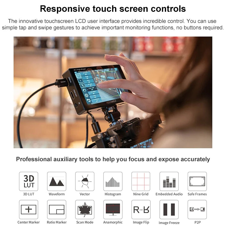 FEELWORLD LUT5E 5.5 inch High Bright 1600nit Touch Screen DSLR Camera Field Monitor F970 External Power and Install Kit 4K HDMI 1920X1080 IPS Panel(Black)