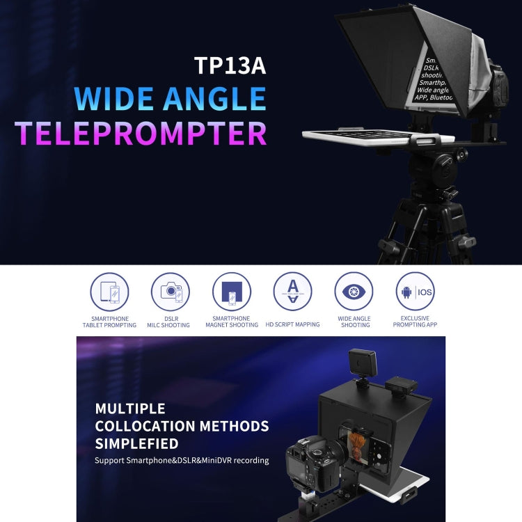 FEELWORLD TP13A Wide Angle Teleprompter for 11 inch Smartphones / Tablets Prompting Smartphone DSLR Recording APP Remote Control(Black)